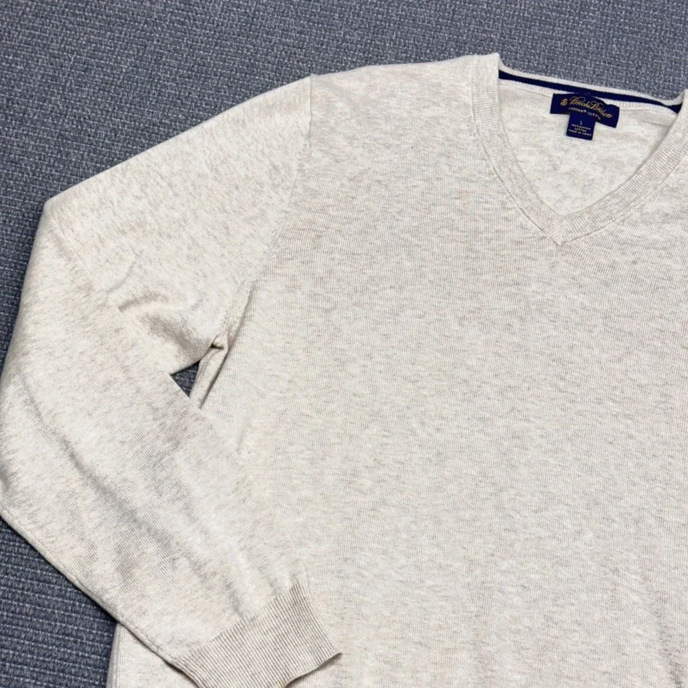Brooks Brothers Mens Supima Cotton V-Neck Sweater Oatmeal Heather Beige Large